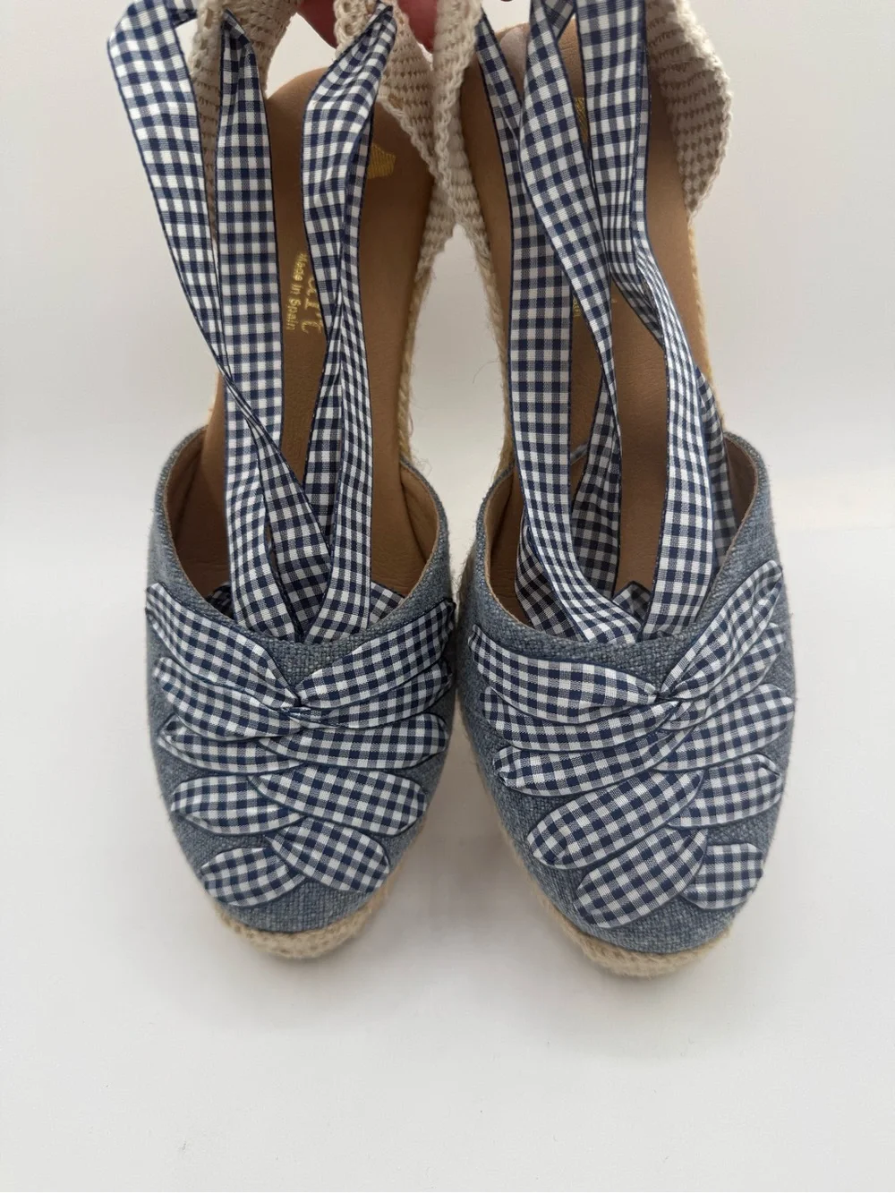 Paseart Denim Espadrille Wedge Sandals Blue Gingham Lace-Up Ankle Tie Platform